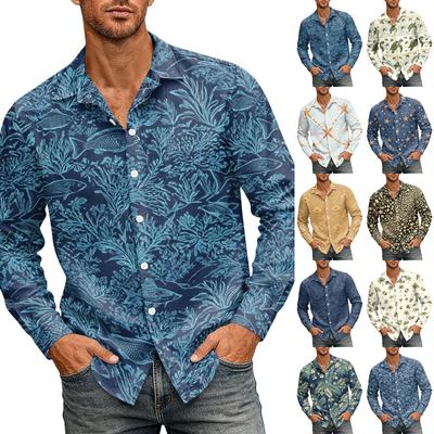Men's Loose Fit Long Sleeve Shirt Hawaiian Style Retro Casual Button Down Collar Shirt Suitable for Spring and Autumn Wear