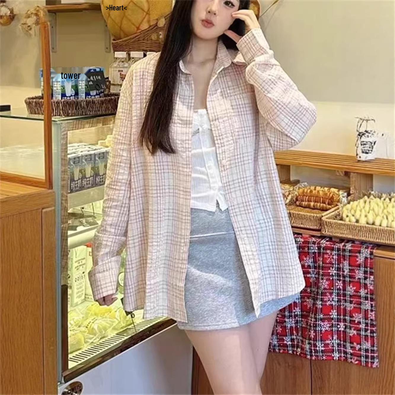 Women s Korean Style Pink Plaid Long Sleeve Shirt - Casual, Versatile, Sun Protection, Spring/Summer Layering Top XL розовый
