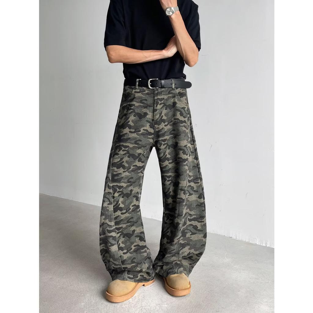 Men's Mid Rise Washed Cat Whisker Barrel Jeans Loose Wide Leg Denim Pants American Vintage High Street Y2K Casual Four Seasons Long Trousers