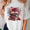 Book & Flowers Women's T-Shirt Cute Short Sleeved Lady's Tee Casual O-Neck Fashionable Summer Trendy Women's Graphic Basic Top