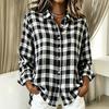 Women's checkered collar long-sleeved shirt with loose shoulder cut and versatile casual style