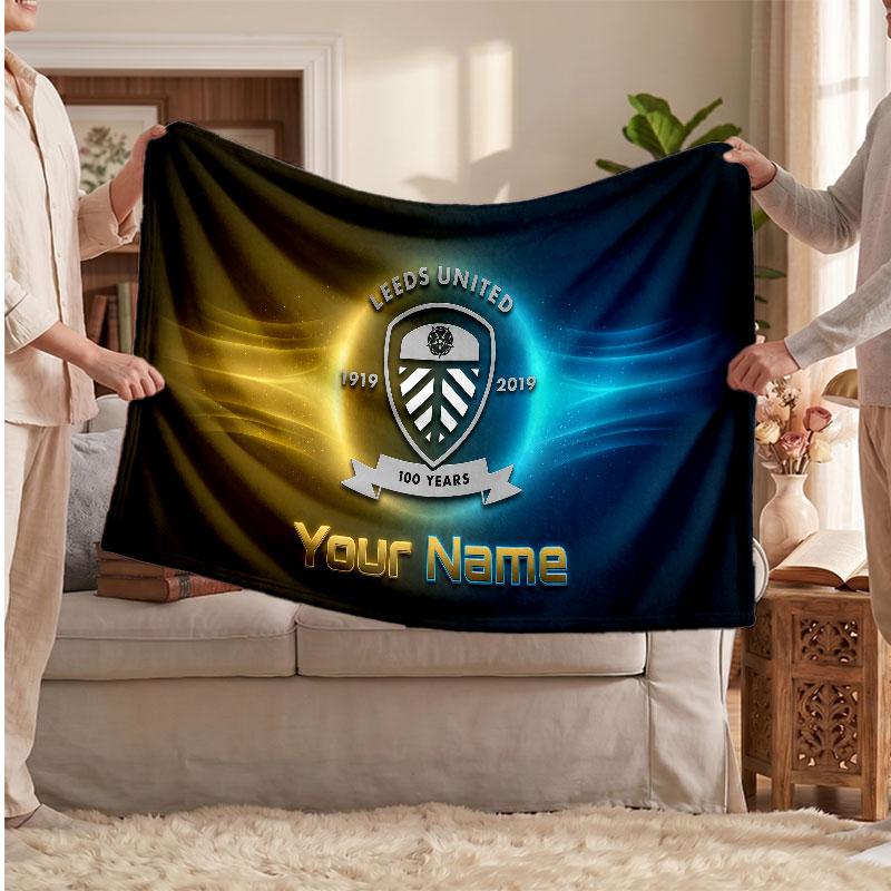 Leeds United Personalized Fleece Blanket With Football Logo, Custom Name Text Soft Warm Home Throw Blanket