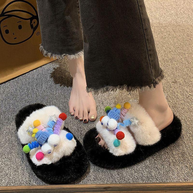 Sandals Size Cute Cartoon Fur Slippers Women Autumn Winter New Outdoor Wear Office Indoor Cotton Slippers