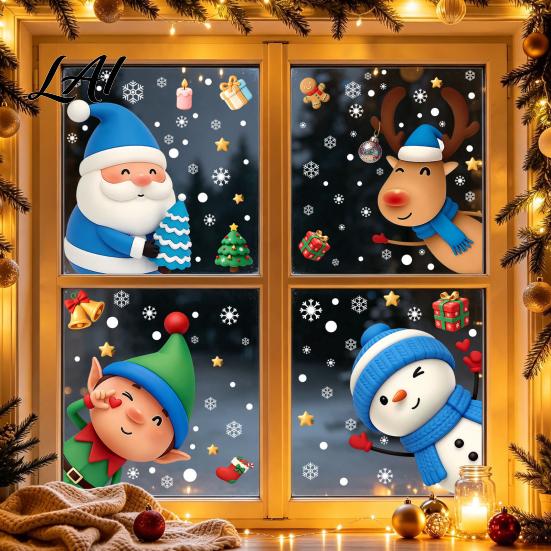 Festive Home Decor for Glass Christmas Window Stickers Static Cling Santa/Reindeer/Snowmen/Elves Print Waterproof Clings PVC Decal Windows And Doors