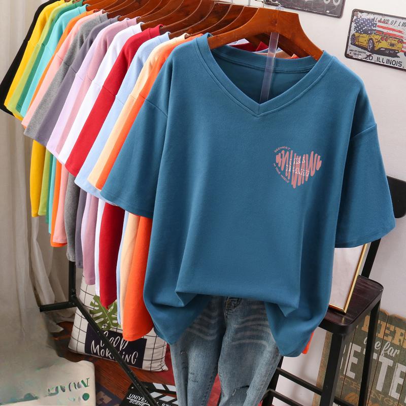 T-shirt a maniche corte, Ampia, Top V-neck stampato snellente per donna
