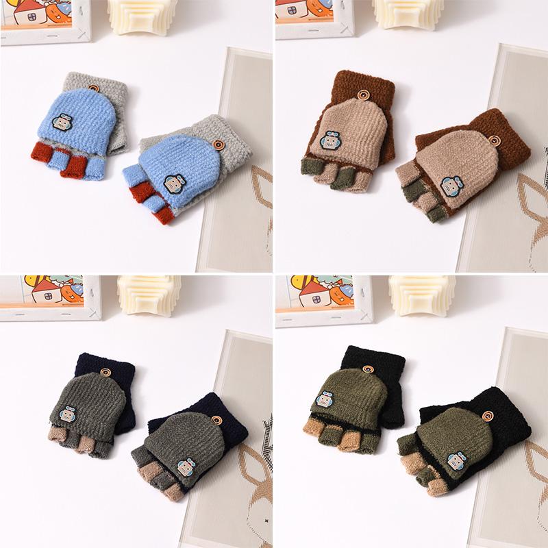 Fashion Children Flip Gloves 5-14Year Kids Half Finger Mittens Cycling Baby Winter Hand Warmer Boys Thicken Woolen Knitted Glove