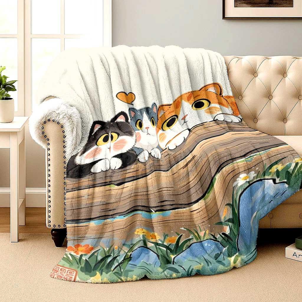 Cat Animal Art with Colorful Patterns Flannel Printed Blanket Suitable for All Seasons Suitable for Room Office Sofa and Travel