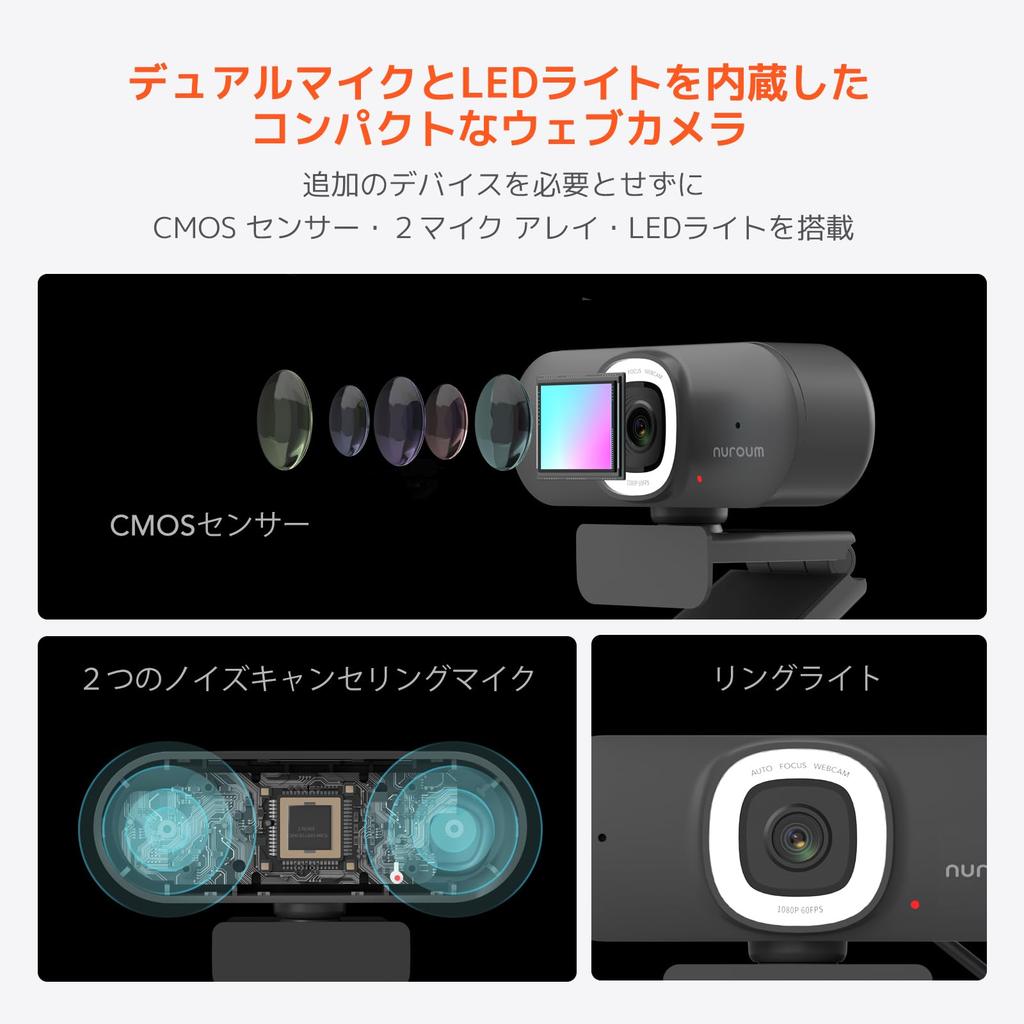 Nuroum 2K Webcam with LED Ring Field of Mute Privacy Automatic Dimming USB Live Video Online Compatible with and More V15AFL-GR 60FPS, Microphone,