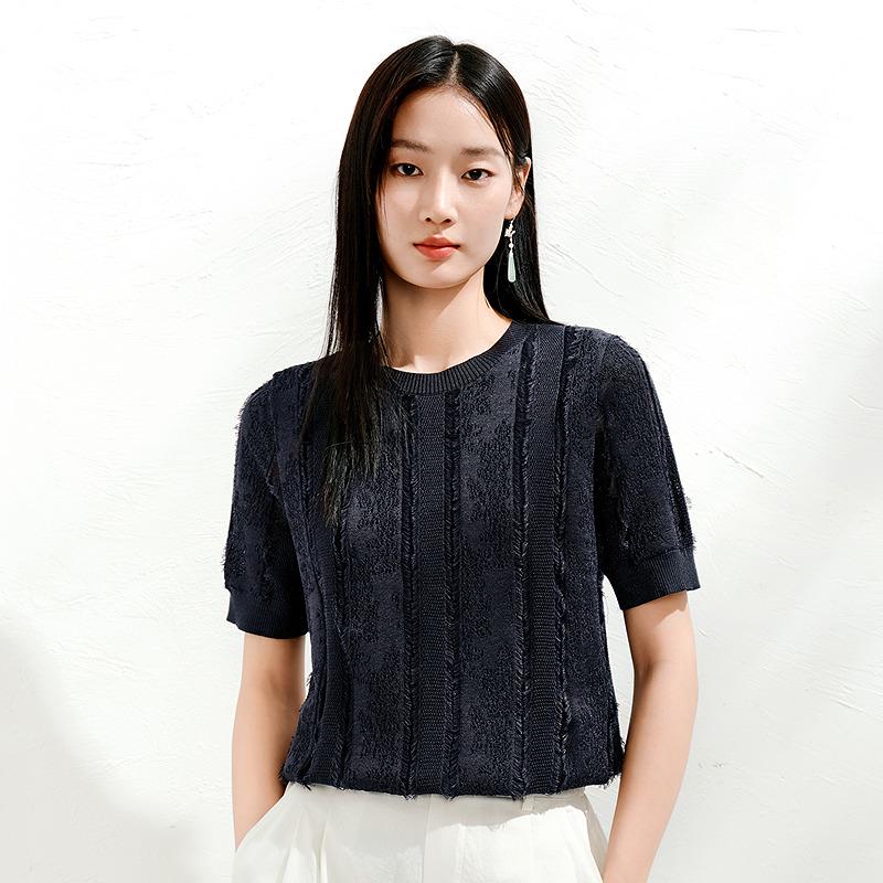 Jiuzi Anna Kou Elegant Light Mature Tassel Jacquard Texture Short Sleeve Knitted Shirt for Women