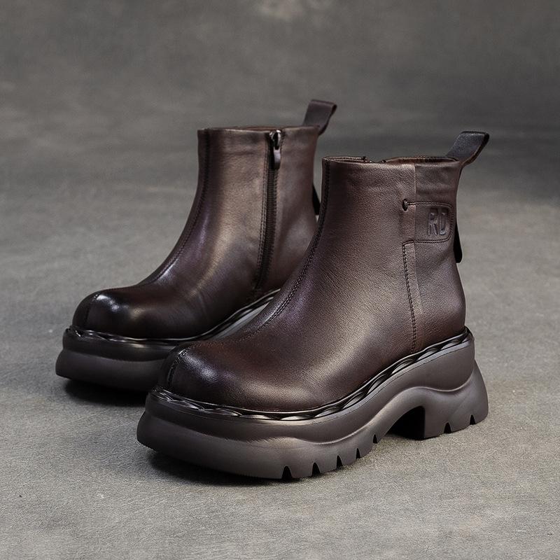 Johnature Genuine Leather Thick Soled Ankle Boots Retro Round Toe Thick Heeled Women's Short Boots
