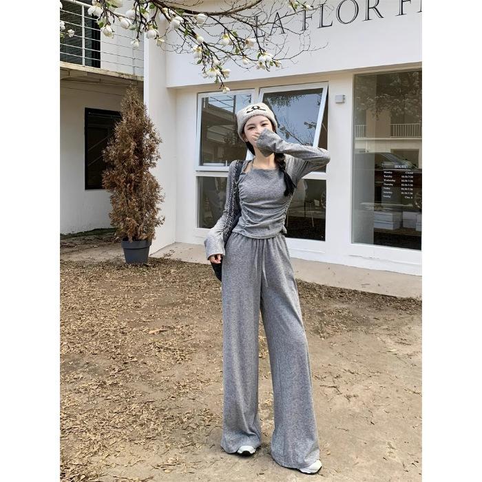 

Spice Girl Design Sense Neck Drawstring Long Sleeve T-Shirt High Waist Wide Leg Pants Women s Autumn New Fashion Suit M серый