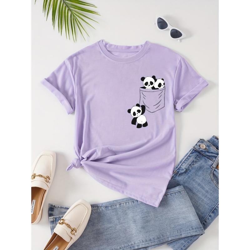Panda printed round neck T-shirt, casual short sleeved women's clothing for spring and summer