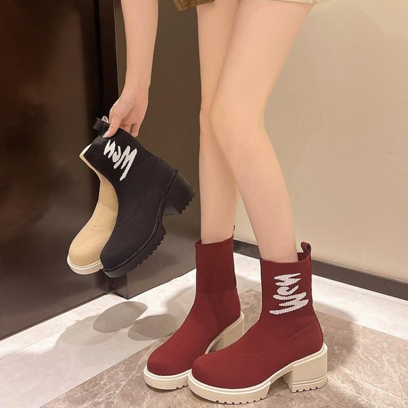 Large size thick-heeled socks shoes autumn new casual mid-top shoes thick-soled versatile short tube elastic thin boots