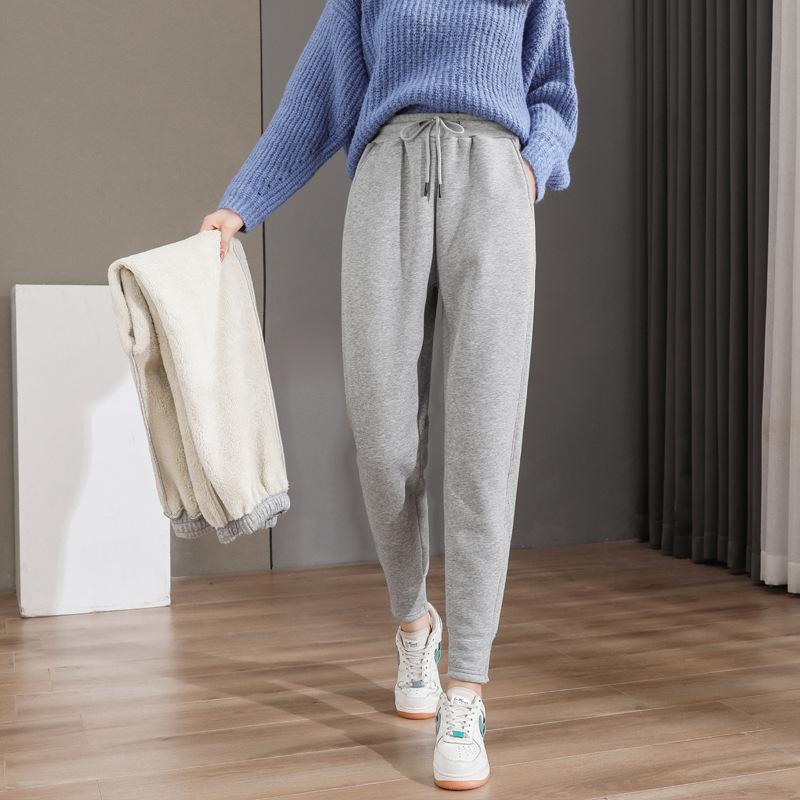 Autumn and Winter New Style Fleece-lined and Thickened Drawstring Pants for Outer Wear, High-waisted Drawstring Versatile Thermal Pants.