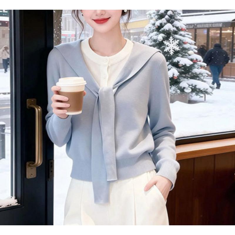 Shawl sweet temperament splicing sweater knitted sweater women's spring autumn and winter new fake two-piece top