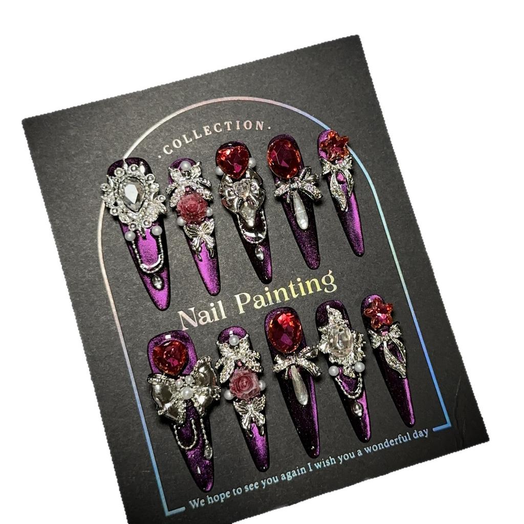 Handmade Luxury Press On Nails Long Almond French Tip Sparkly Fake Nails 3D Rhinestones Designs Acrylic Nails Reusable Stick On Nail for Women