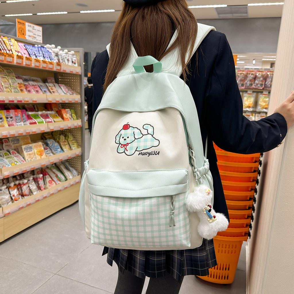 Schoolbag Cute School Bag College College Student Junior High School Student Large Capacity Japanese Plaid Puppy Backpack Casual Student Backpack