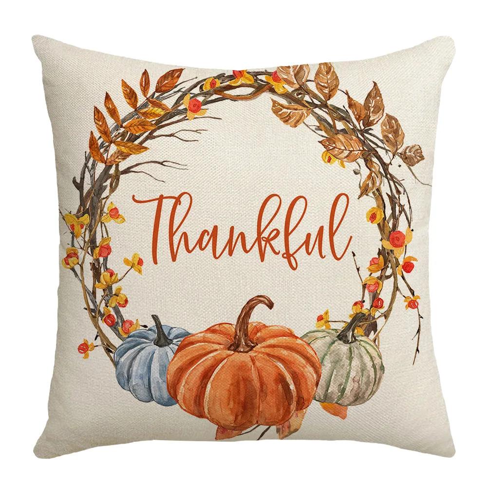 Autumn Pumpkin Maple Leaves Wreath Print Cushion Cover Thanksgiving Decorations Pillow Case Farmhouse Home Decor Pillow Cover