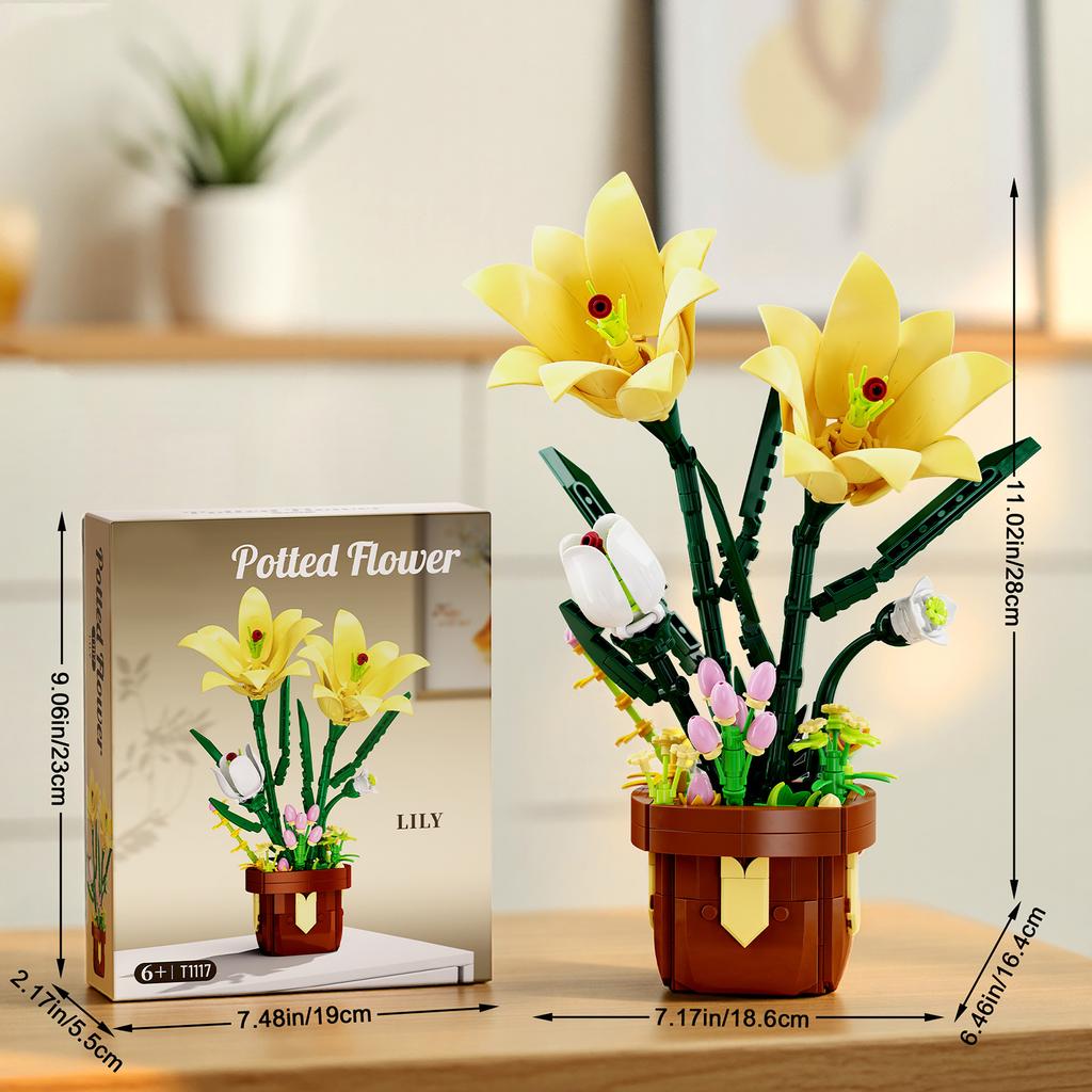 Non-Toxic 296Pcs Lily Flower Potted Plant Building Block Flower Model Puzzle Toys Sets New Year Christmas Birthday Gifts
