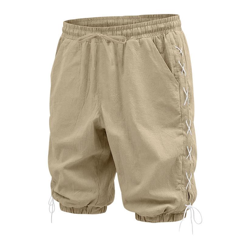 Men's Linen Casual Shorts Side Drawstring Cotton Linen Breathable Beach Pants Summer Lightweight Loose Fit Straight Leg