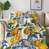 Contemporary Orange Blue Lemon Floral Flannel Throw Blanket, Soft Warm, All-Season Quilted Knit, Digital Print, for Napping Camping Travel Office