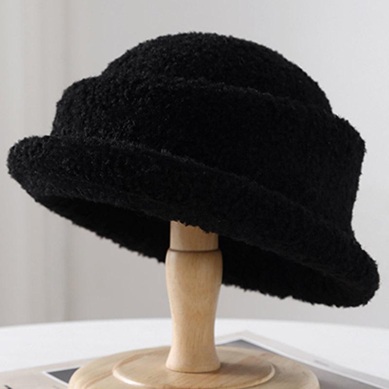 Solid Color Bucket Hat Autumn and Winter Women's Fashion Warm and Cold Basin Hat Light Plate Plush Rabbit Hair Blend Simple and Versatile