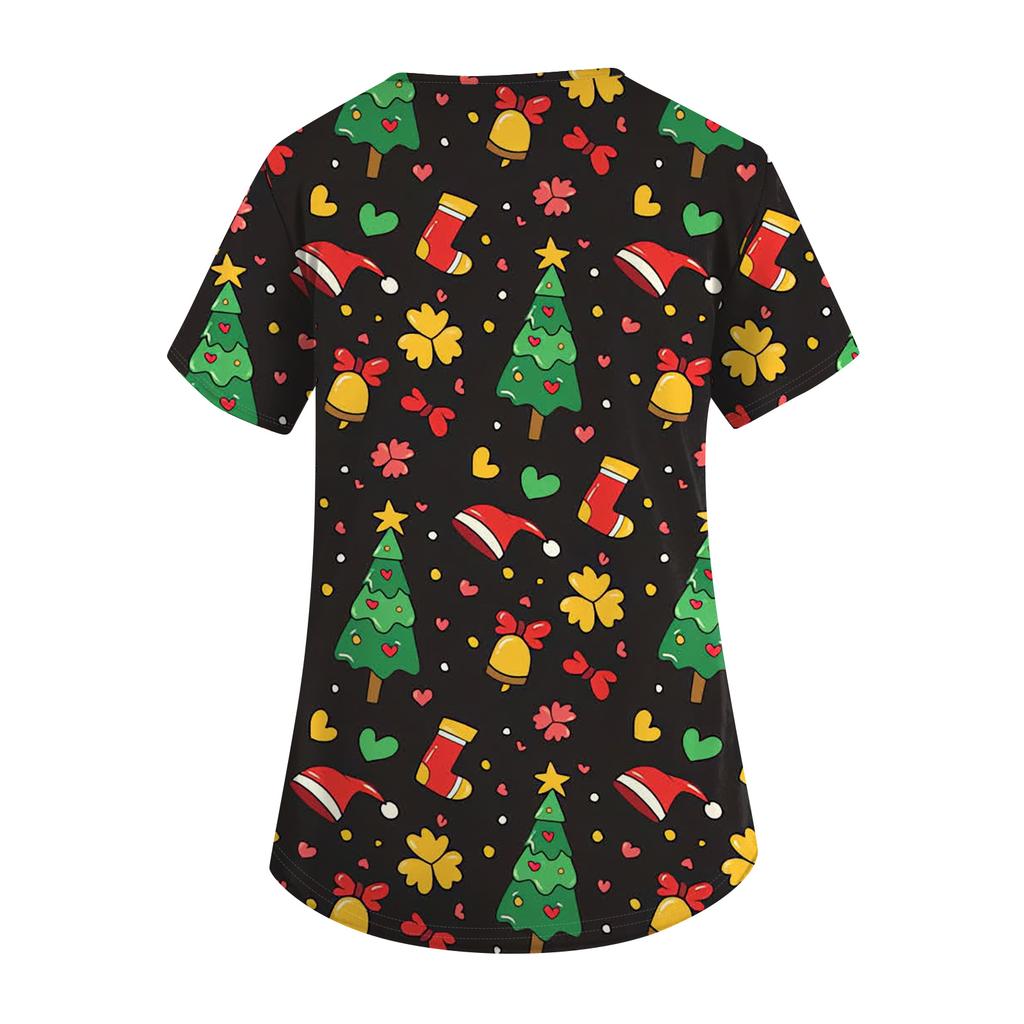 Damska Moda Krótki Rękaw Świąteczny Nadruk Dekolt V Kieszeń Odzież Robocza Top
