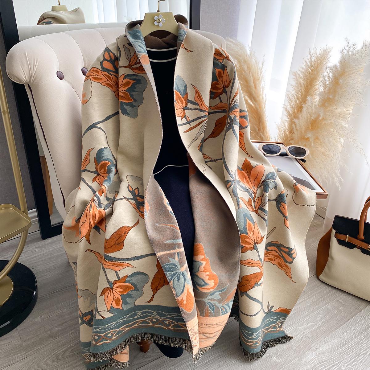 

Новый женский двусторонний шарф из искусственного кашемира с цветочным принтом, мягкий, уютный, шаль-пашмина, осенне-зимний, холодостойкий, ветрозащитный