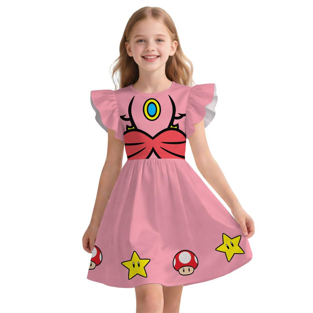 Carino Pigiamino da Bambina Super Mario con Manica Svasata Stile Principessa per Età da 3 a 8 Anni