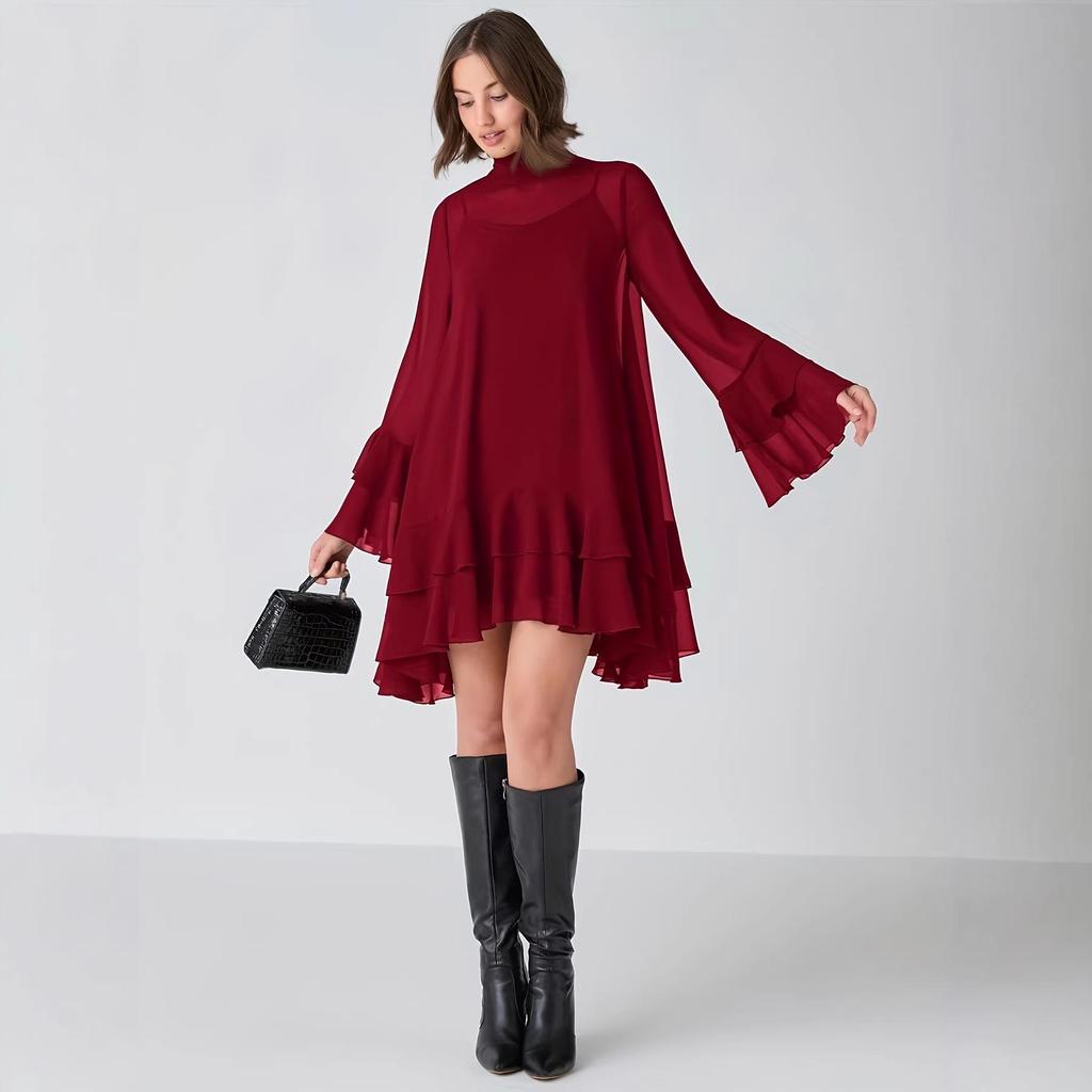 Spring Summer Elegant Women's Chiffon Patchwork Long Sleeve Dress