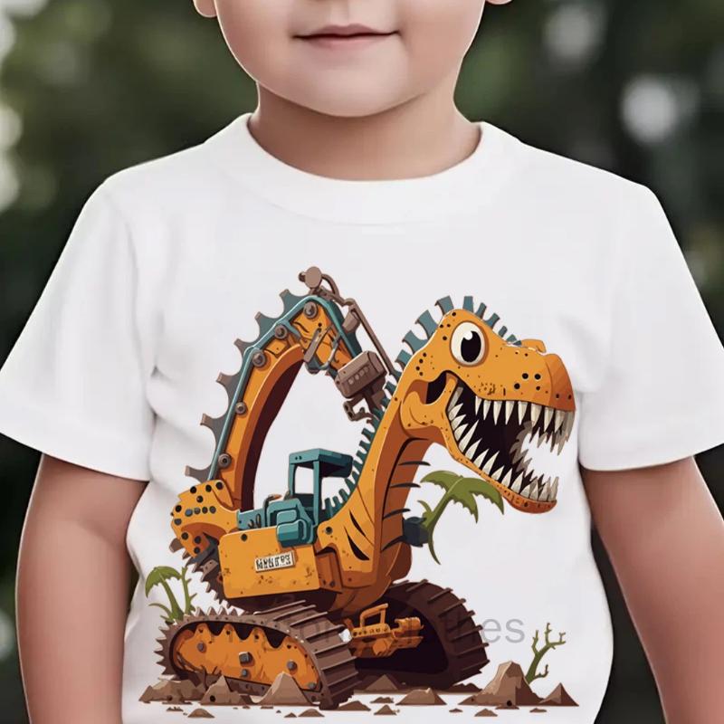 Summer Boys' Fashion Short Sleeve Dinosaur Excavator Element Print Outdoor Casual Top