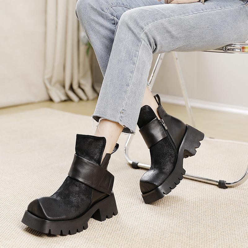 Fashion 10.5CM Comfy Boots Woman Ethnic Platform Ankle Boot Spring Big Strange Toe Cow Genuine Leather Autumn Fashion Shoes Moccasins
