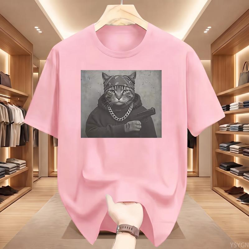 Funny Cat Graphic Print T Shirt Gang Cat Cool Hip Hop Short Sleeve T-shirts Men's Vintage Oversized Cotton T-shirt