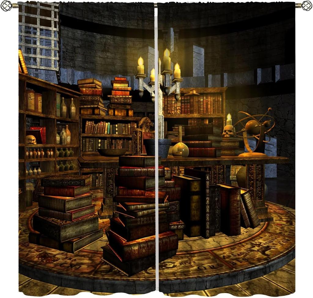 Gothic Bookshelf Curtain Antique Bookcase Spooky Skull Magic Book Halloween Themed Decor Window Kids Teens Adults Curtains Made Of Polyester