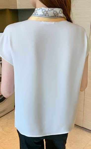 Blouse Shirt Tops Long Sleeve Chiffon Ribbon Plain Casual Formal White [Fairy Stone] Women's V-neck B-51 (S, (Short Sleeve))