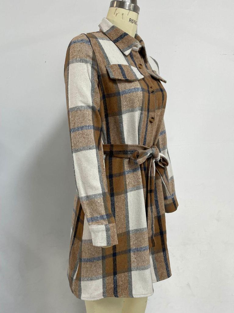 Plaid Tie-Waist A-Line Midi Dress - European-American Commuter Style for Autumn/Winter