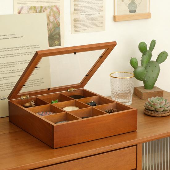 Boîte de Rangement en Bois à 9 Compartiments Boîte de Collection de Roches avec Couvercle en Acrylique Transparent Étui de Rangement Rétro pour Bijoux Cristaux et Petits Objets de Collection