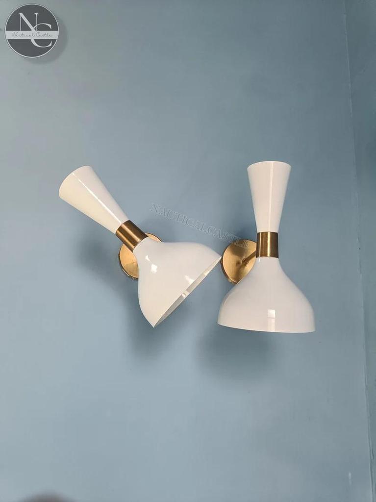 Mid Century Brass Diabolo Wall Sconce Pair: Stilnovo Style Vanity Lights