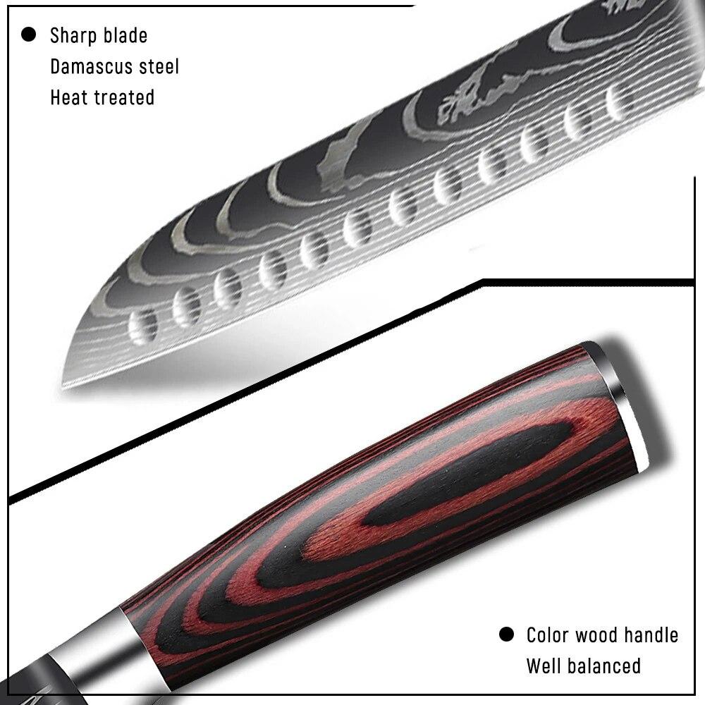 Stainless Steel Santoku Chef's Knife Japanese Laser Damasko Pattern Boning Knife Fruit Knife Cooking Multi-purpose Knife Kitchen Accessories