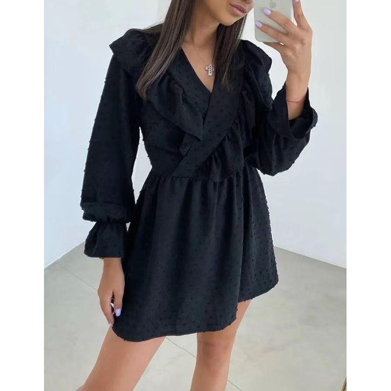 Fashion Elegant Ruffle Dress V-neck Puff Sleeve A- line Skirt V-neck Bubble Sleeve Dress
