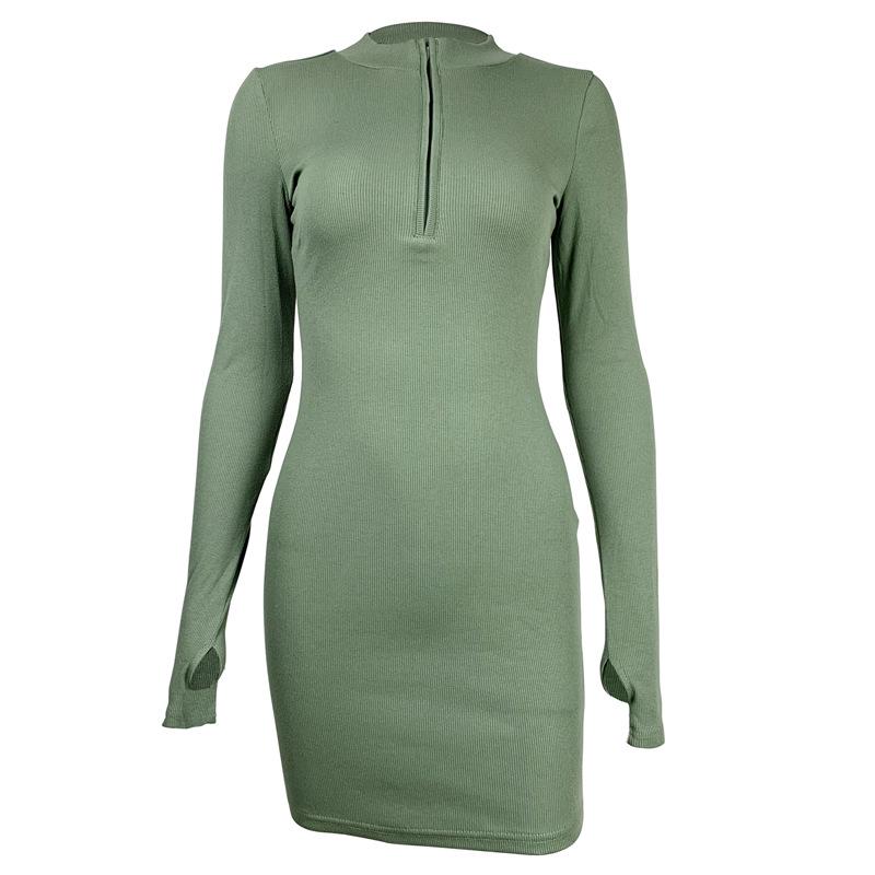 2025 Autumn Winter European American Trendy Women's Ribbed Zipper Long Sleeve Slim Short Skirt Dress