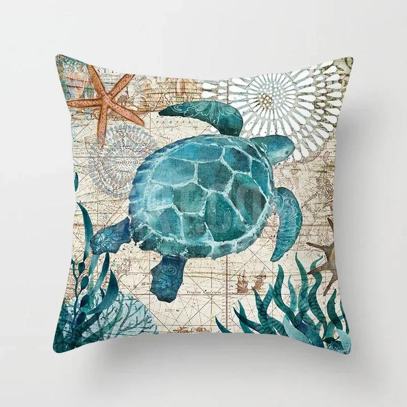 45X45CM Retro Mediterraner Ozean Druck Blau Grün Kissenbezug Heiß Meerjungfrau Fisch Kissenbezug Sofa Sitz Wohnzimmer Dekokissen