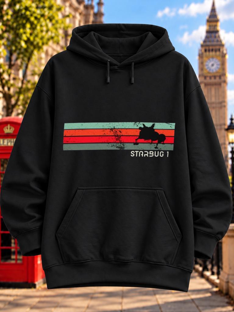Retro Starbug 1 Spacecraft Hoodie - Dark Insect Ship with Teal, Orange & Red Racing Stripes, Casual Round Neck Pullover, Machine Washable Suitable for
