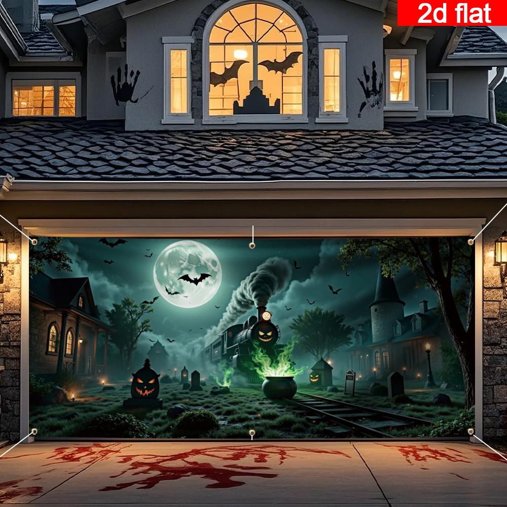2D door flag, 1 scary Halloween garage door flag, spooky night scene with haunted house and train, glow-in-the-dark bats