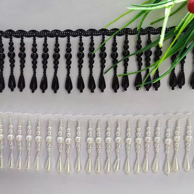 3Yards/Lot White Black Large Water Droplet Pearl Tassel Handmade DIY Lace Trim Wedding Dress Hat Headwear Hanfu Decorative
