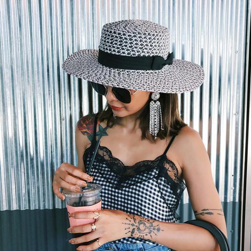 Internet Celebrity Black and White Mixed Color Big Brim Straw Hat Summer Sunshade Bow Beach Hat Children British Flat Top Hat