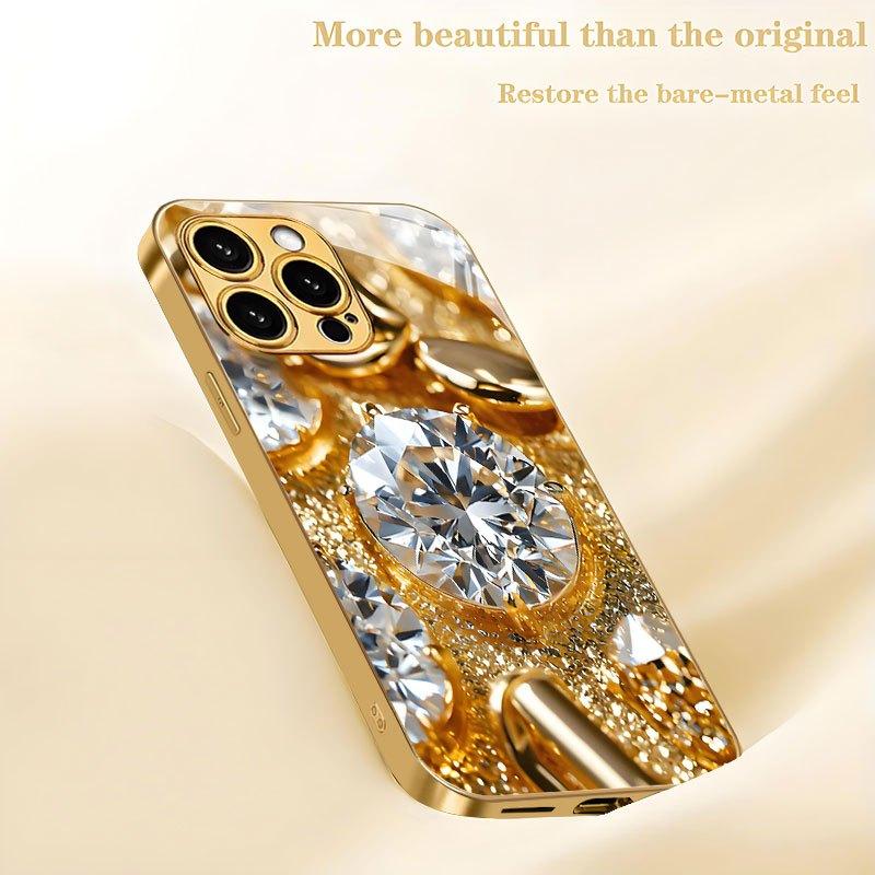 Sparkling Gold-Plated Diamond Jewelry New Electroplated Gold Tempered Glass Phone Case for iPhone 17 16 15 14 13 12 11,etc