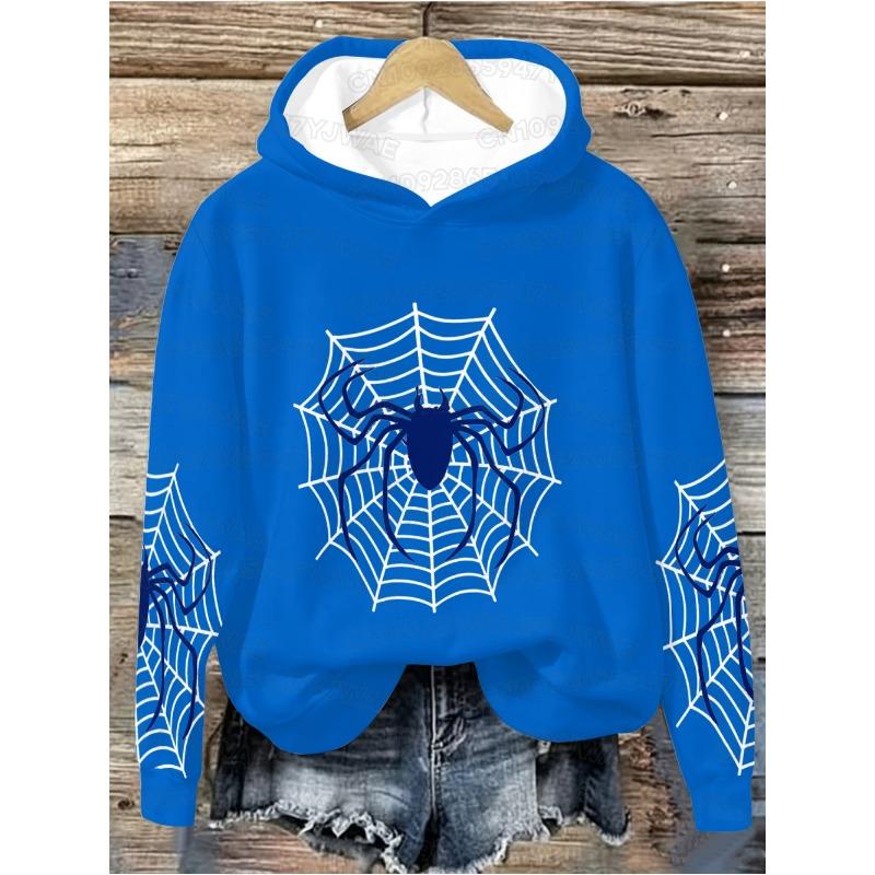 Autumn and Winter Women's Men's Plus Size Hooded Sweatshirt Spider Print Pullover Sweatshirt Halloween Holiday Outfit