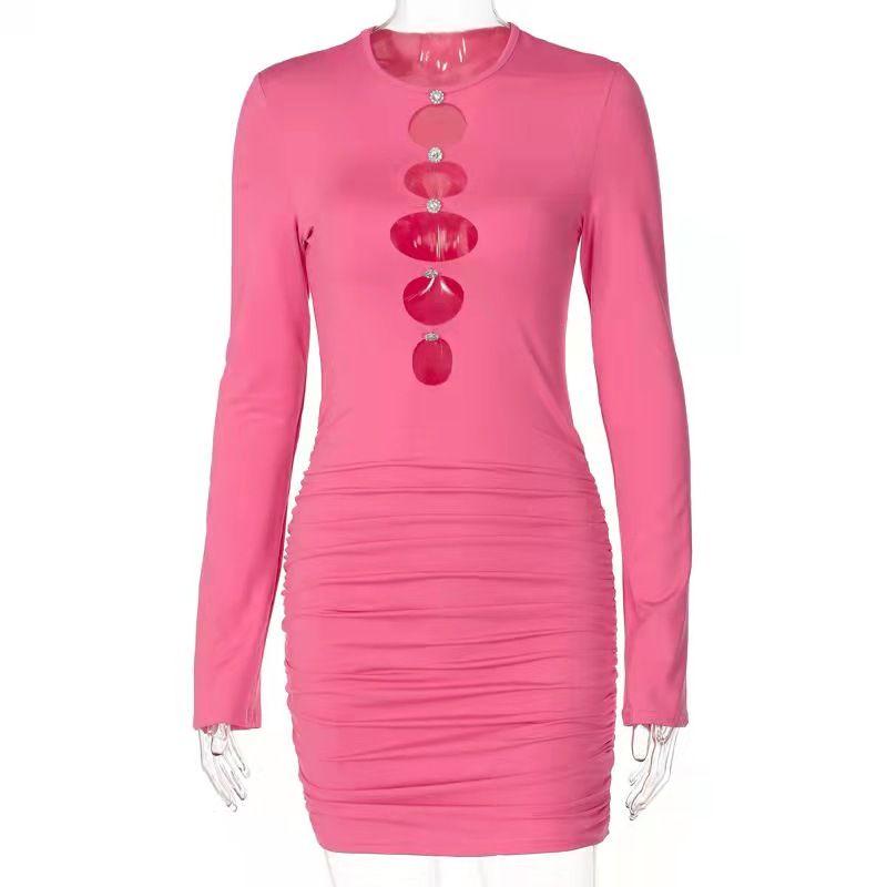 

2022 European and American New Hollow Long Sleeve Dress Rose Red S