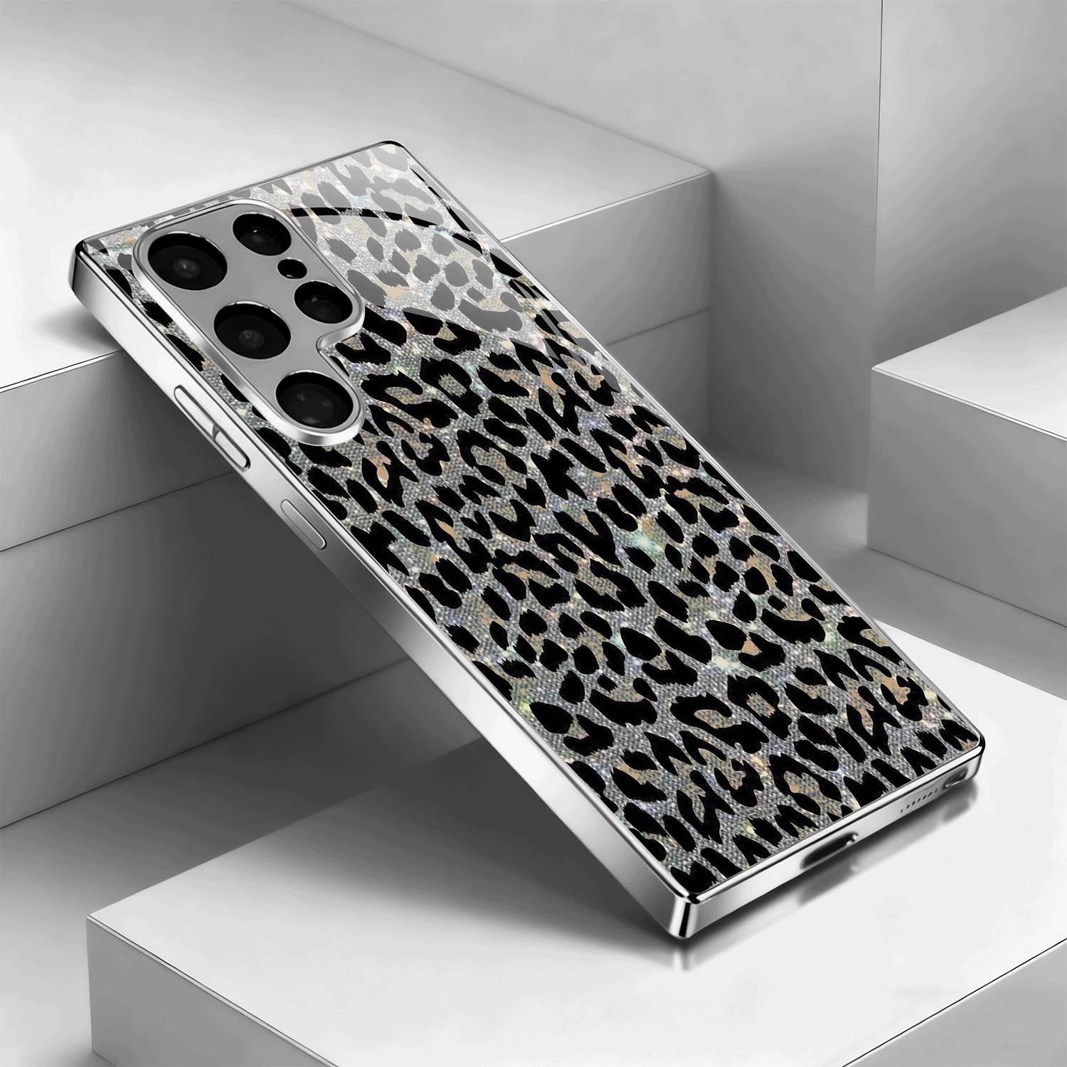 

Позолоченный чехол для телефона из закаленного стекла, совместимый с Galaxy S26 S25 S24 S23 S22 Ultra Plus. Имеет дизайн с принтом черной леопардовой шкуры. For Galaxy S26
